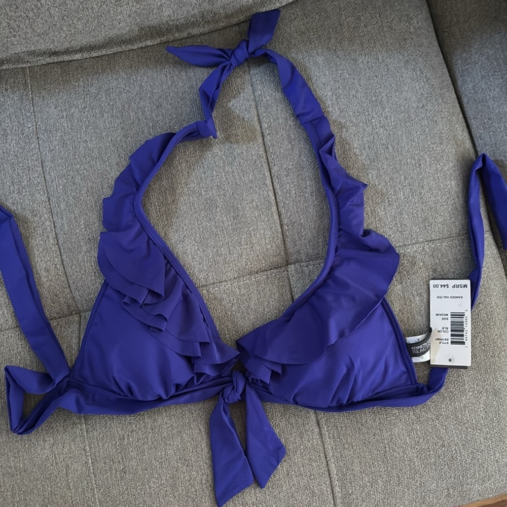 Kenneth Cole Purple Ruffle-Licious Banded Halter Top Bikini Size Medium cobalt